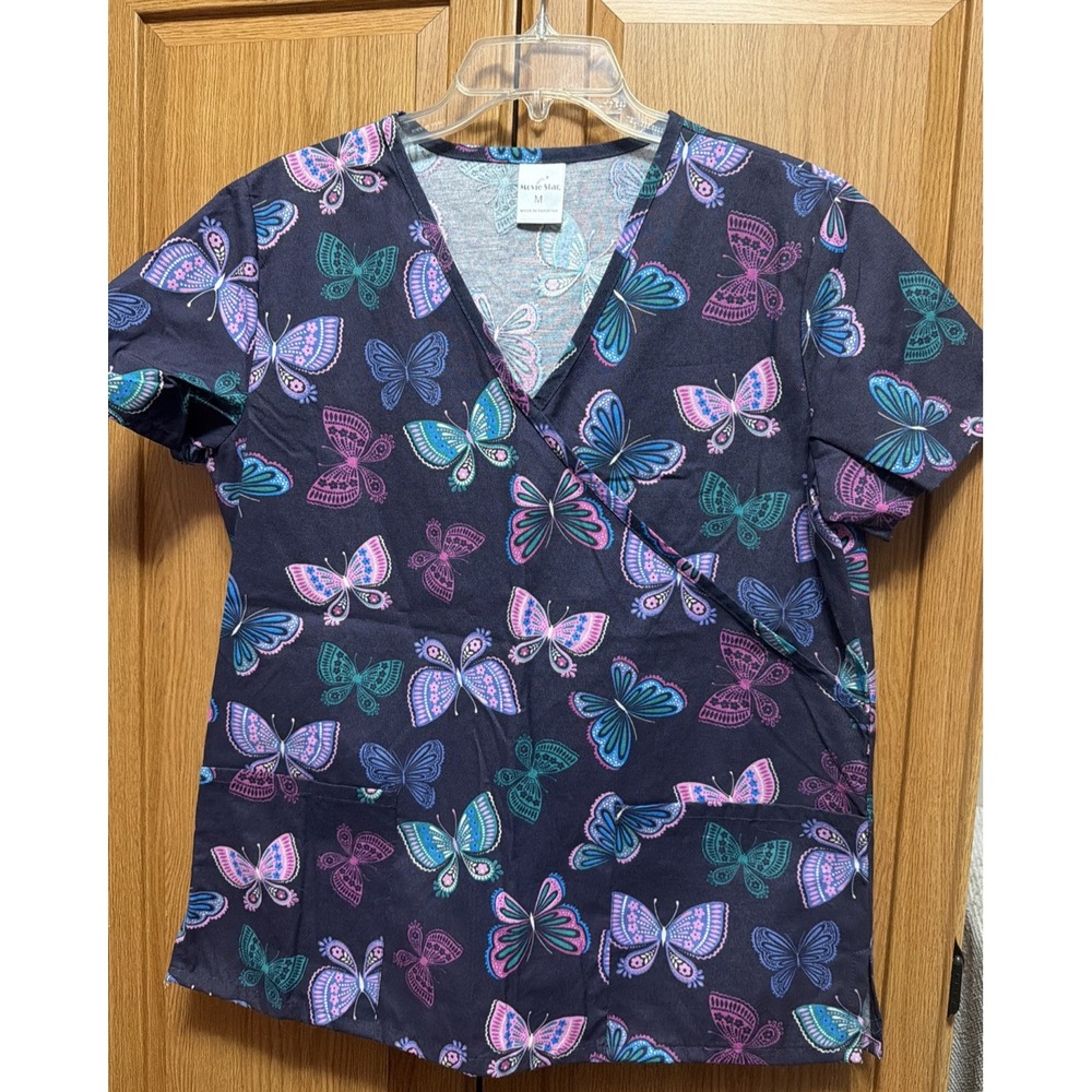 Movie Star Scrub Top Size M - Butterfly Pattern with 2 Front Pockets